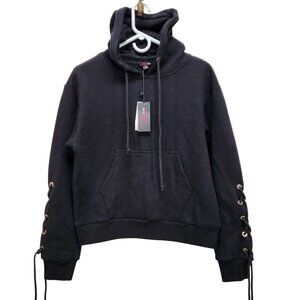 Allure Luxe Womens Black Sweater Hoodie With Lace-Up Sleeves Size S